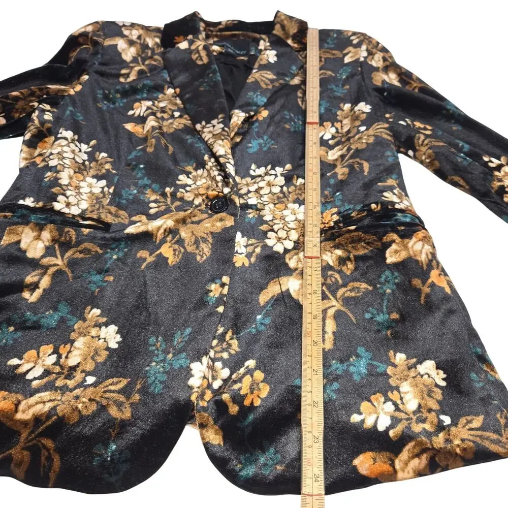 Cynthia Rowley Womens Blazer Jacket M Black Floral‎ Velvet Stretch Dark Academia